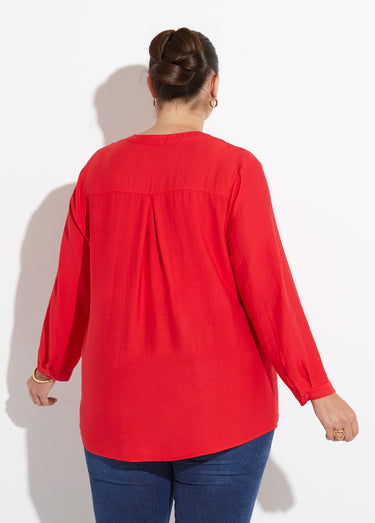 Blouse col V unie à manches longues Rouge