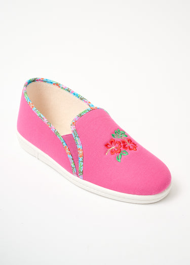 Chaussons largeur confort brodés élastiqués Rose