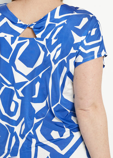 T-shirt droit court col V imprimé graphique Bleu / Blanc