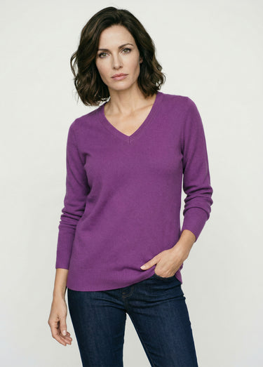 Pull doux col V manches longues Violet