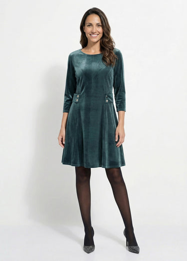 Robe en velours col rond, taille marquée Vert