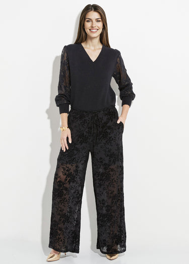 Pantalon dentelle avec fleurs velours Noir