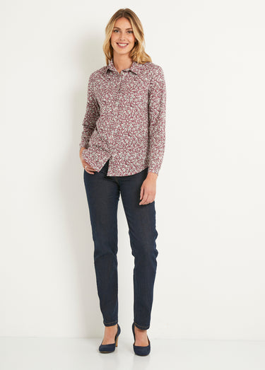 Chemisier droit coton fleuri boutonné Bordeaux