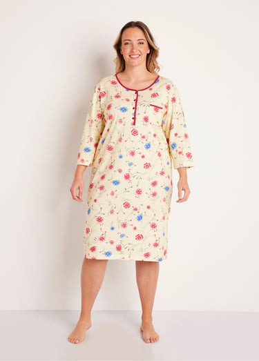 Chemise de nuit coton fleuri manches 3/4 Fond Jaune