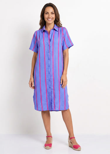 Robe chemise courte à rayures vives Bleu/Rose
