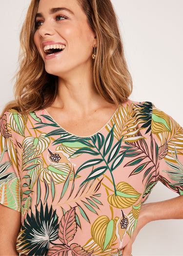 Robe droite courte motif feuilles Rose/Vert