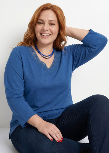 T-shirt manches 3/4 coton et macramé Bleu
