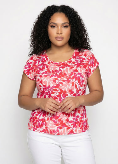 T-shirt manches courtes imprimé feuillage col rond Rouge/Rose