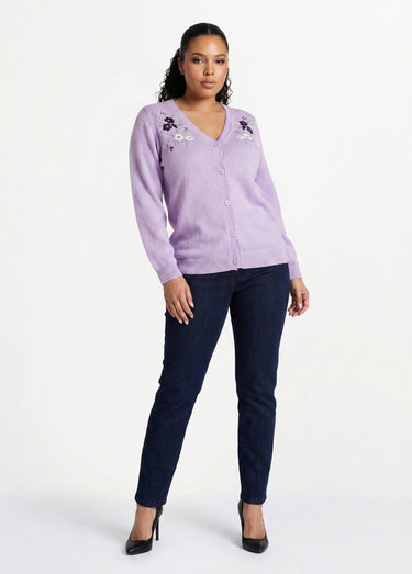 Gilet doux uni col V boutonné court brodé Lilas