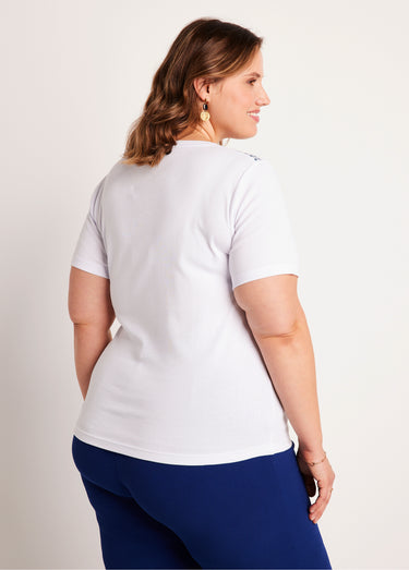 T-shirt manches courtes col motif clouté Blanc