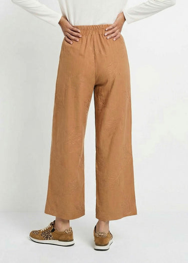 Pantalon large élastiqué brodé feuillage Camel