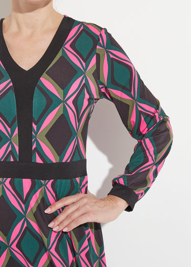 Robe évasée courte graphique col V Rose/Vert
