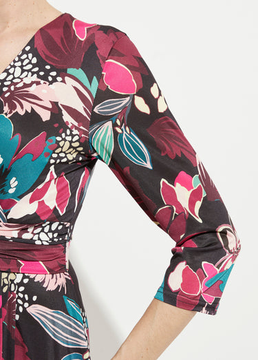 Robe cache-coeur courte évasée imprimé fleurs Imprime Fuchsia