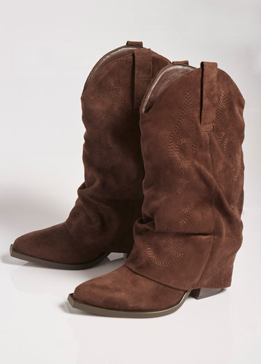 Bottes froissées brodées style cow girl Marron