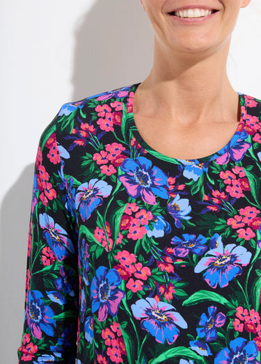 T-shirt droit col rond manches longues fleuri Fuchsia/Bleu