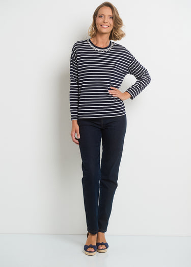 T-shirt rayures avec encolure strass Marine Raye