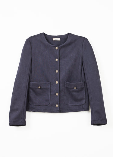 Veste sans col boutonnée courte marine Marine