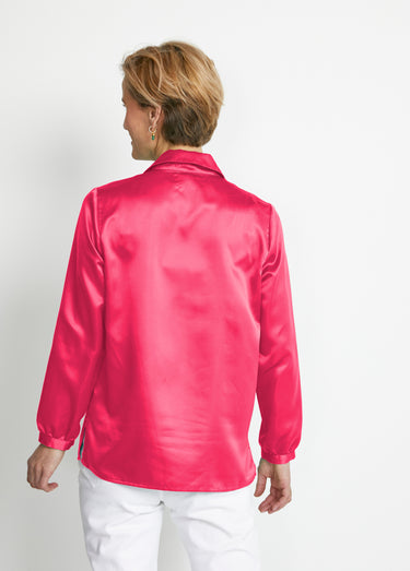 Chemisier long droit boutonné en satin Uni Fuchsia