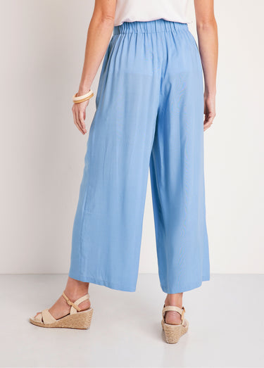 Pantalon large taille élastiquée fleuri ou uni Bleu