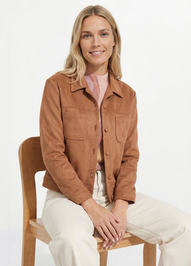 Blouson boutonné tissu suédé col cranté Camel