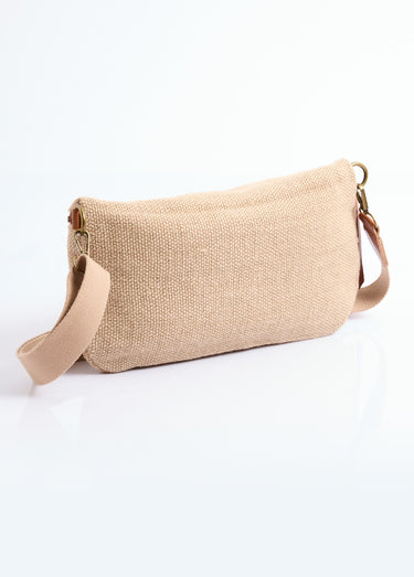 Grand sac banane en jute + détails cuir Beige