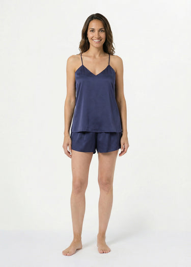 Pyjama short satin, bretelles croisées Marine