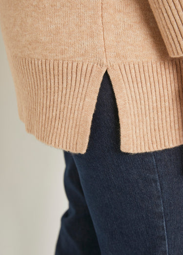Pull tunique chiné long col V avec laine Sable