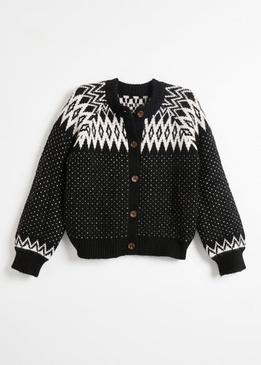 Gilet chaud boutonné jacquard graphique Noir/Ecru