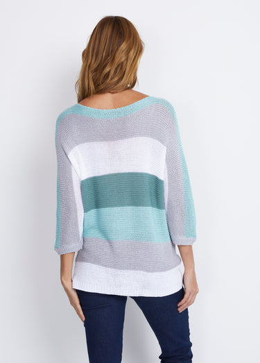 Pull rayé manches 3/4 point mousse Aqua/Gris