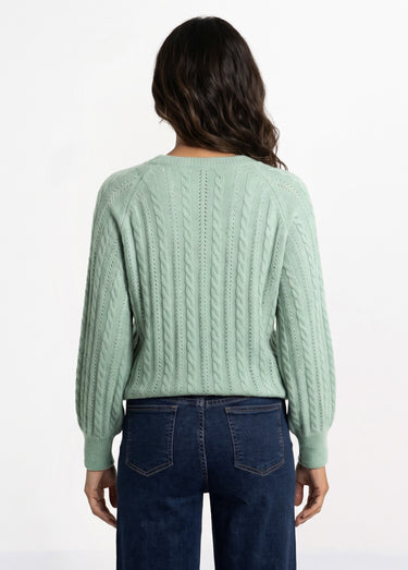 Pull doux maille irisée torsadée ajourée laine Aqua