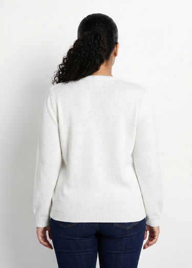 Gilet doux uni col V boutonné court brodé Ecru