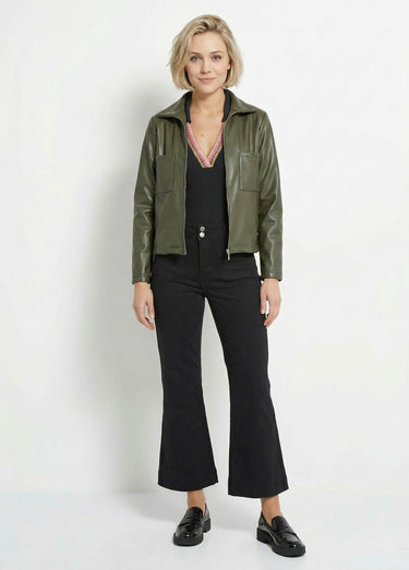 Veste zippée style motard, simili cuir Kaki