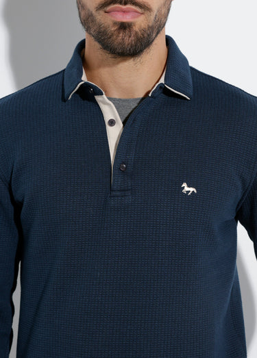 Pull maille fantaisie, col polo boutonné Bleu Marine