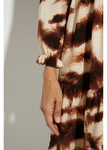 Robe volantée col V manches resserrées Marron/Beige
