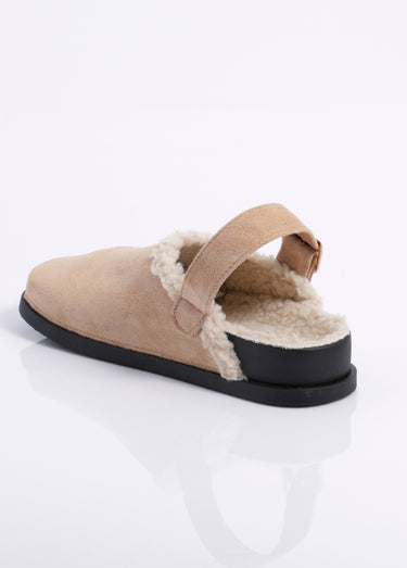 Mules fourrées en suédine, bride talon Beige