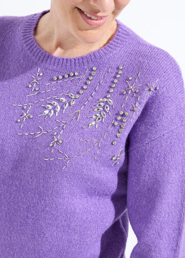Pull doux col rond avec strass et sequins Violet