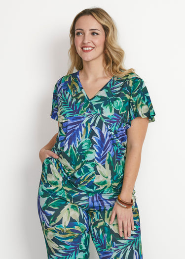 Tee-shirt cache-coeur manches papillon Bleu/Vert