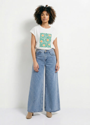 T-shirt col rond avec fleurs stylisées Blanc imprimé