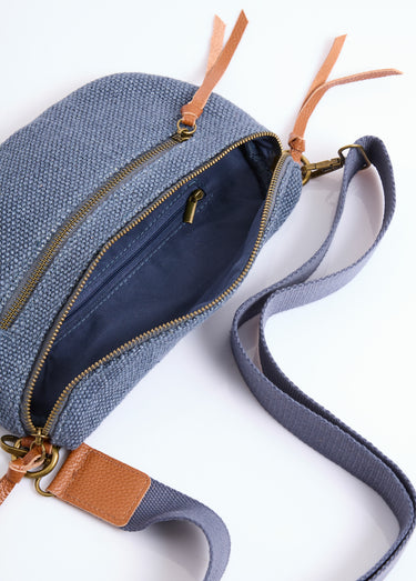 Sac banane toile de jute + détails cuir Bleu