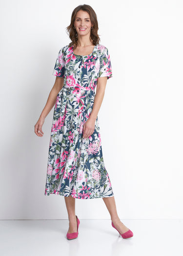 Robe boutonnée mi longue imprimée Marine/Fuchsia