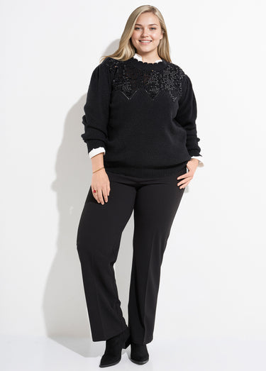 Pull col V maille fantaisie et sequins Noir