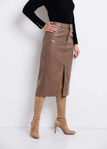 Jupe longue fendue en faux cuir Taupe