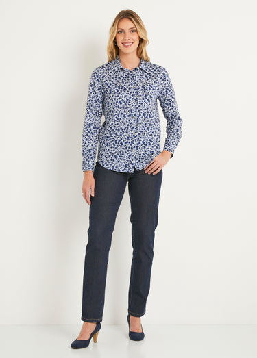 Chemisier droit coton fleuri boutonné Bleu