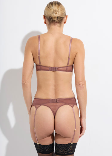 Ensemble 3 pièces fleur porte-jarretelles Vieux Rose