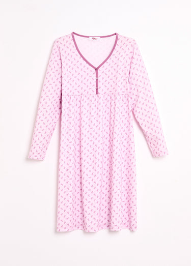 Chemise de nuit longue manches 3/4 coton imprimé Rose