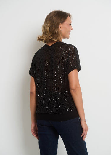 T-shirt col V en résille avec sequins Noir Uni
