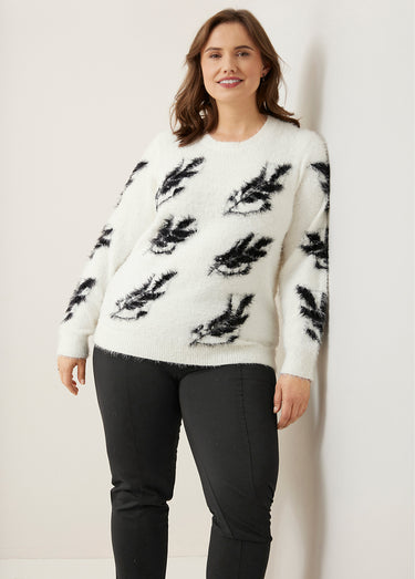 Pull jacquard maille poilue manches longues Écru / Noir