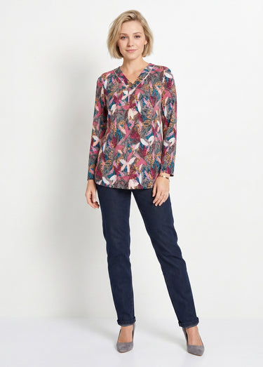 T-shirt long col V évasé manches longues Cassis/Miel