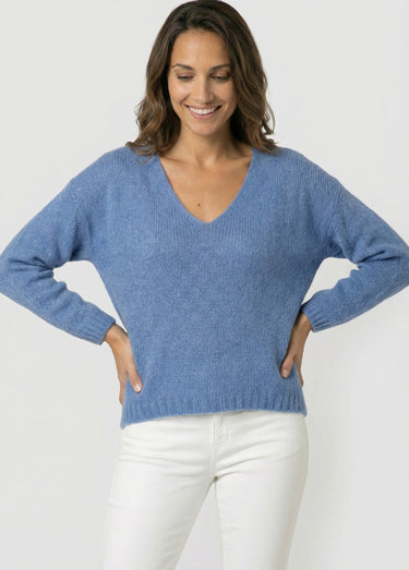 Pull chaud col V en maille avec mohair Bleu denim