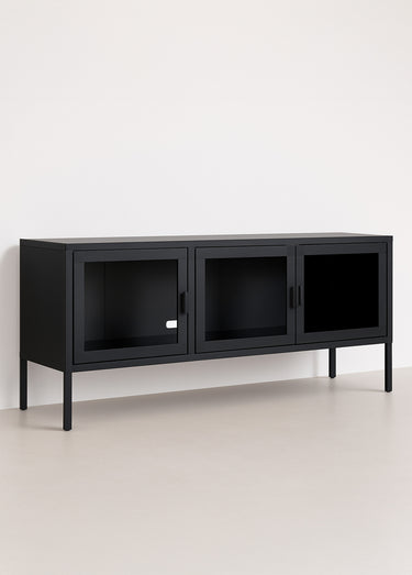 Meuble bas Banc TV acier et portes verre Noir